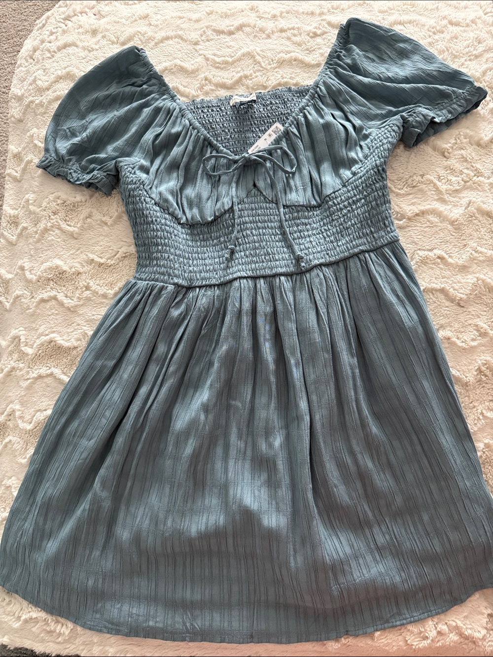 American Eagle Outfitters Dusty Blue Smocked Puff Sleeve Dress